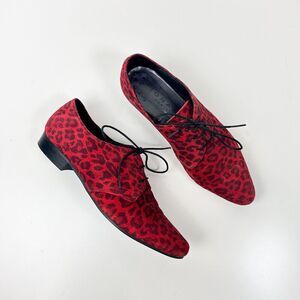 Jonak Paris Red Suede Cheetah Print Pointed Toes Oxfords Sz 37